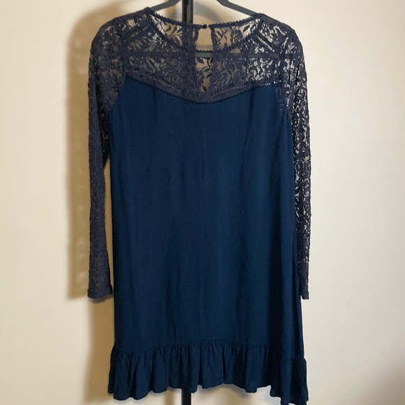 EUC Others Follow Dress Navy Lace Sleeve Mini Flowy Ruffle Hem Junior Medium - Picture 3 of 6